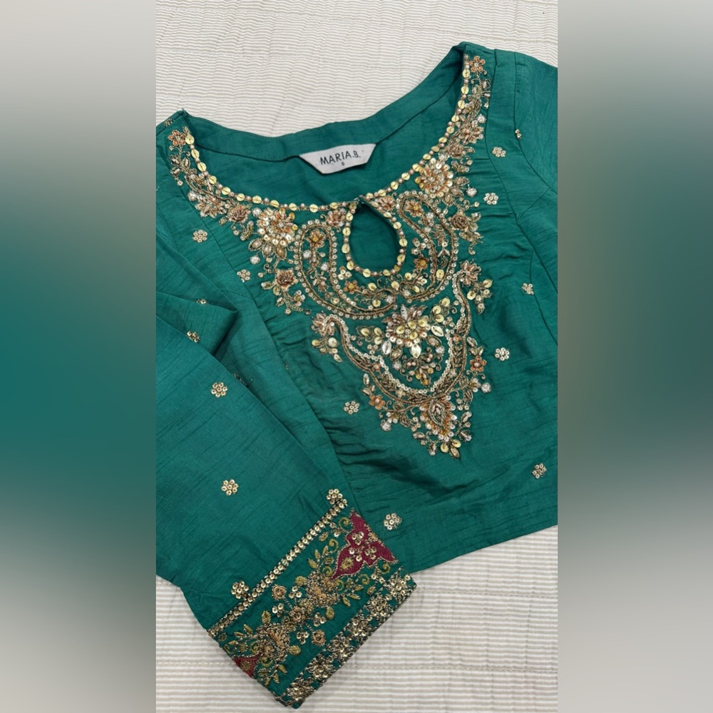 MARIA.B. 3 Piece Embroidered Raw Silk Lehenga Choli/Party/wedding wear Pakistani - Picture 12 of 15